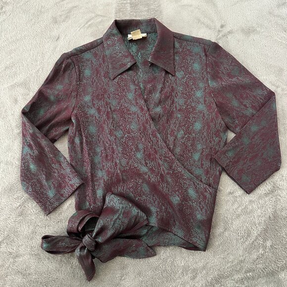 Vintage Cache Iridescent Wrap Shirt Blouse Women's 4 XS Green Snake Print - Picture 1 of 6